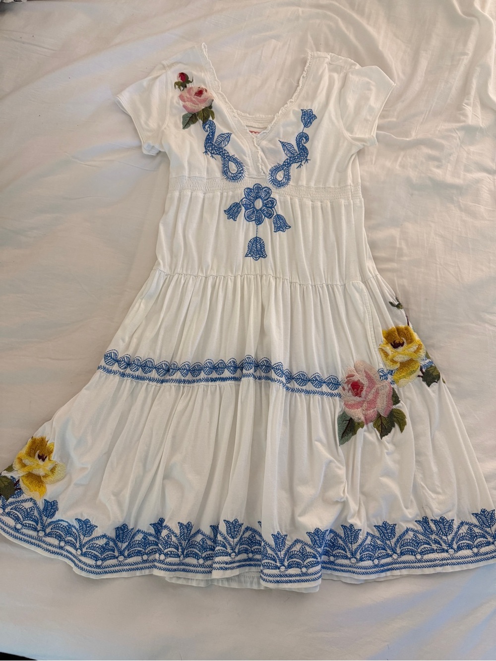 Johnny Was White Midi Dress with Blue Embroidery & Pink Floral - Picture 3 of 12
